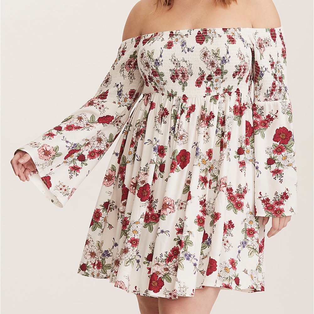 Torrid Ivory Floral Off Shoulder Challis Smock Dress
